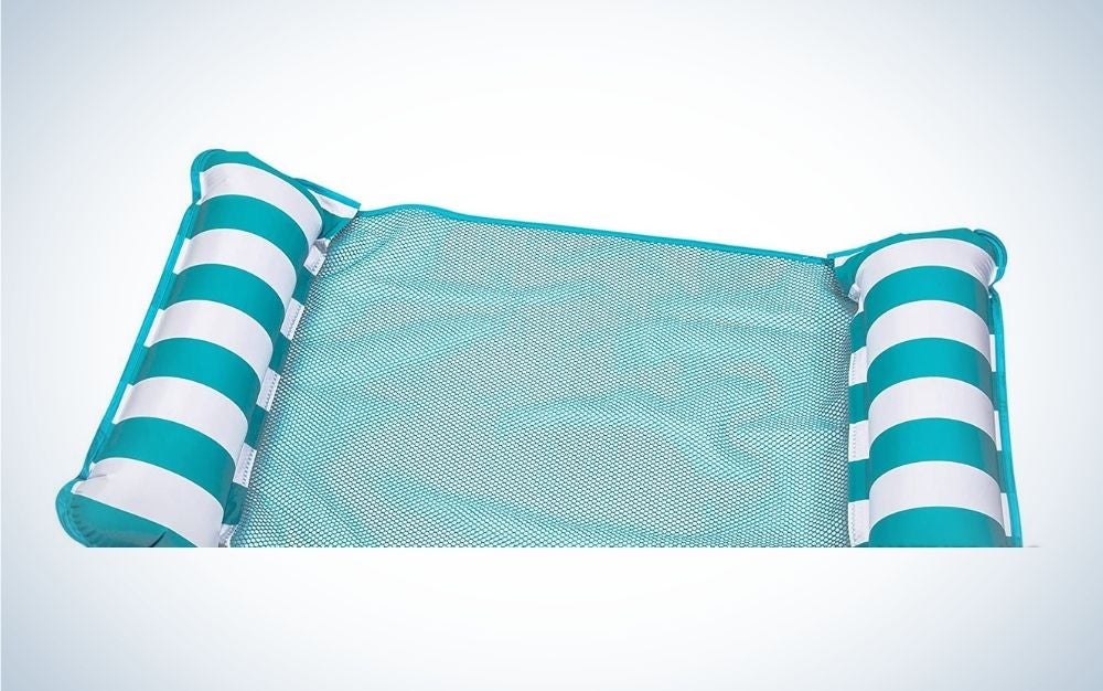 Blue and white striped inflatable float tube