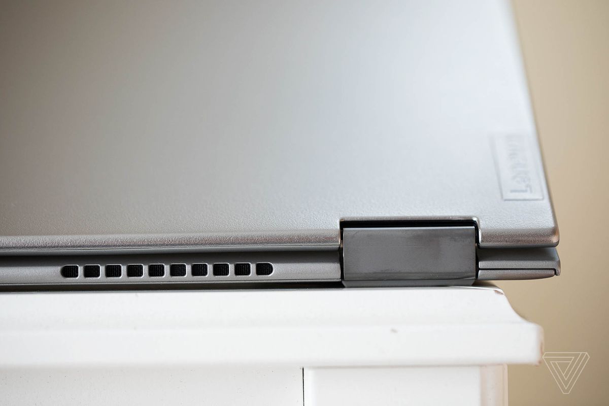 The Lenovo logo on the lid of the Lenovo ThinkPad X1 Titanium Yoga.