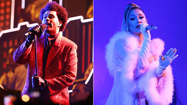 Ariana Grande Stuns In Brown Silk Outfit As She Performs With The Weeknd At iHeartRadio Awards