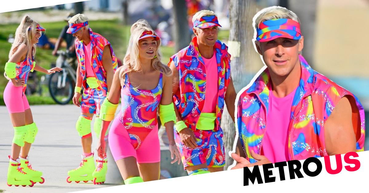 Margot Robbie and Ryan Gosling rollerblade in fluorescents as Barbie and Ken